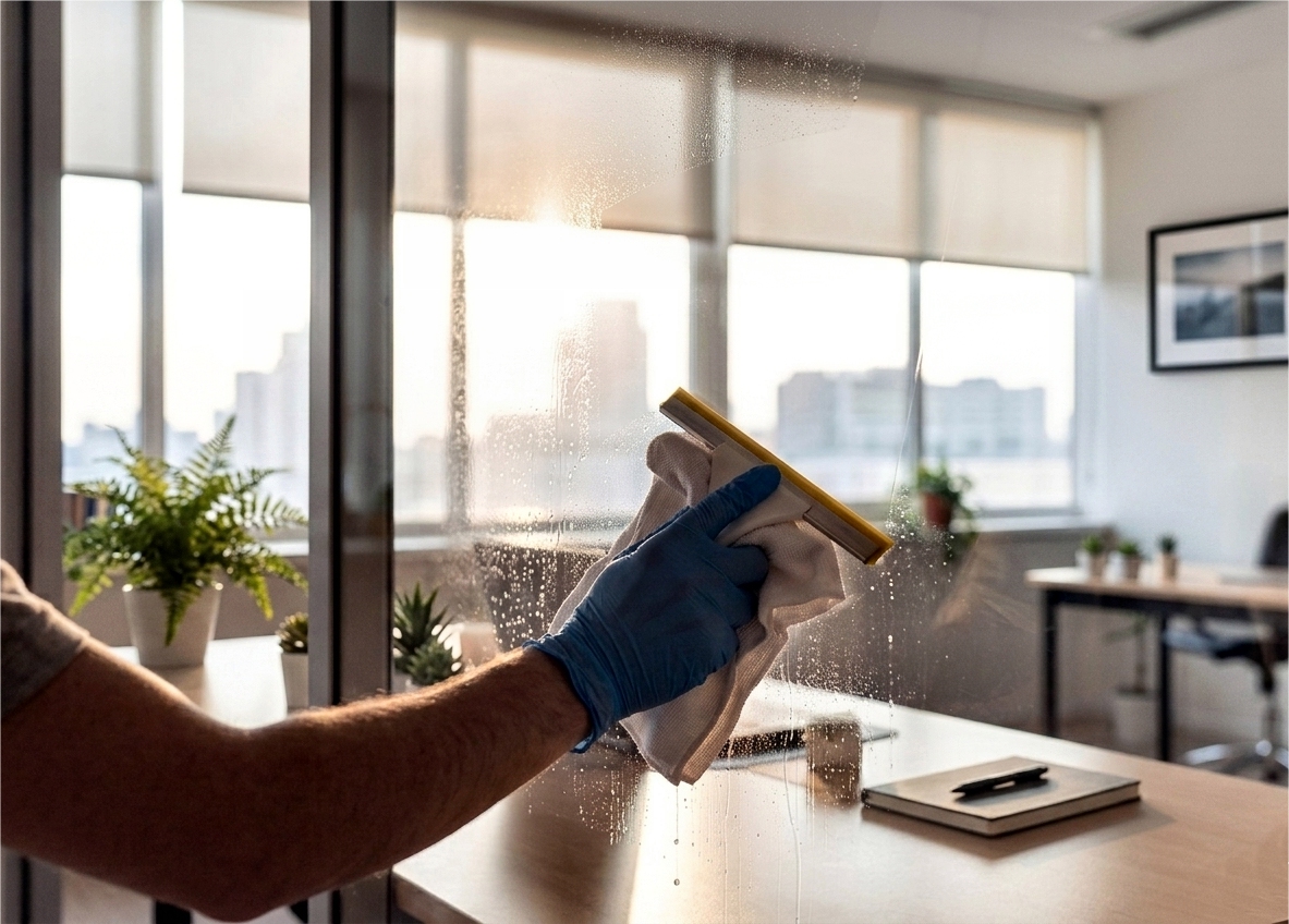 Fensterreinigung einer Glaswand; Büroreinigung.